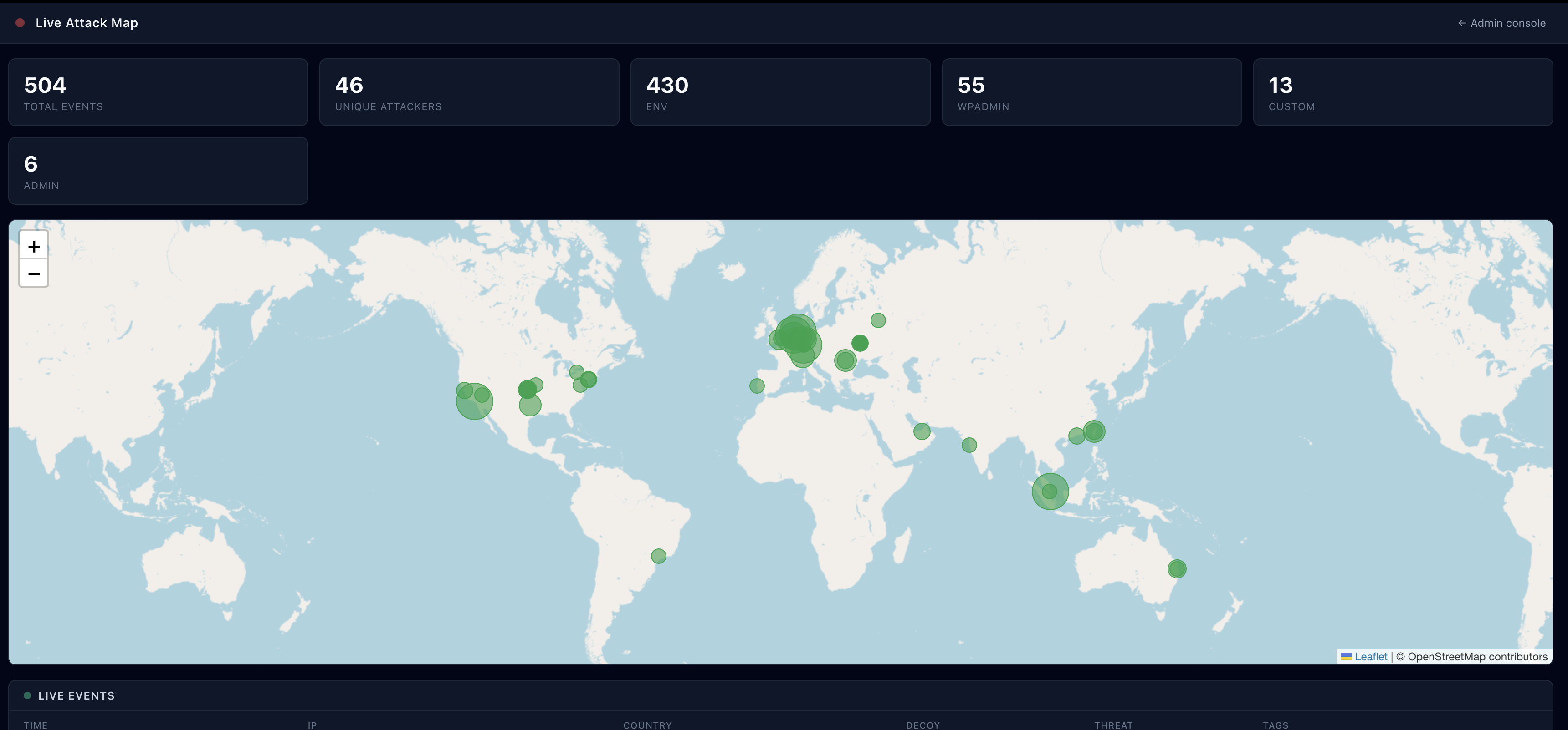 The honeydj live attack map after twelve days, with markers spread across sixteen countries